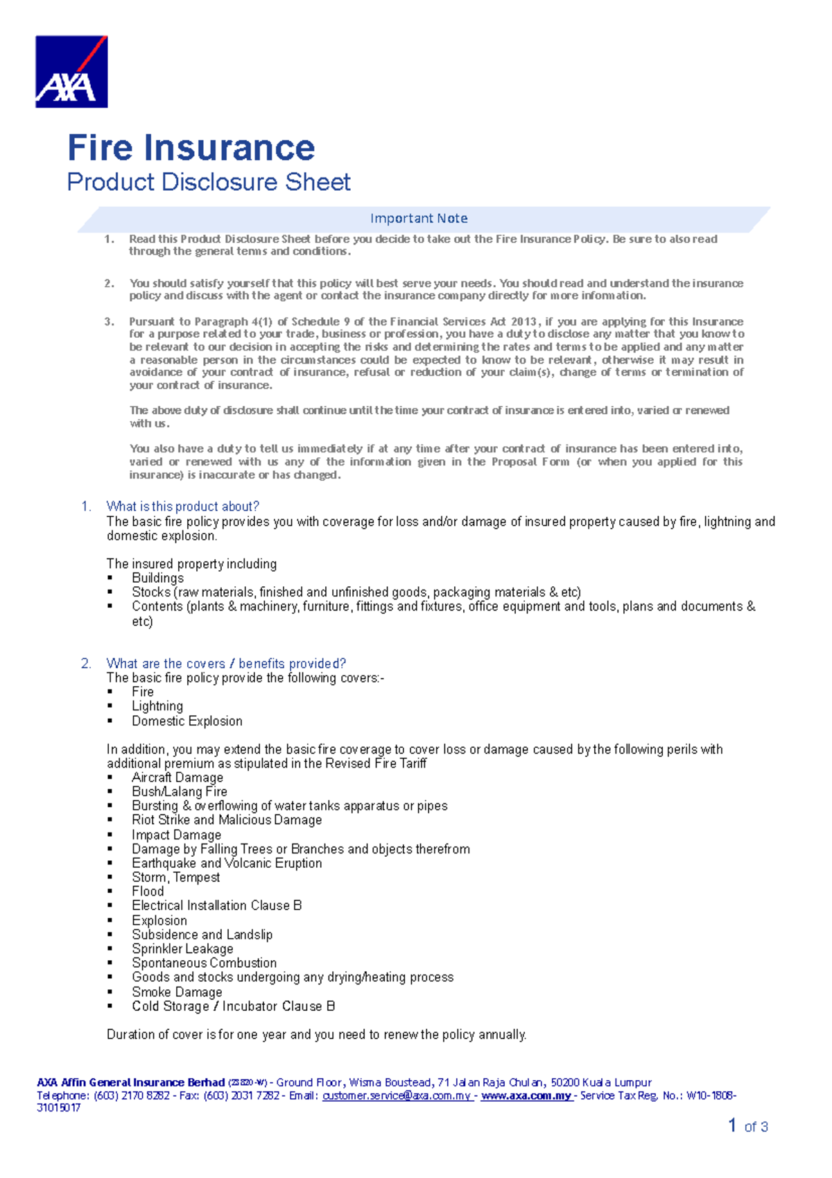 Fire PD converted Important Note Fire Insurance Product Disclosure