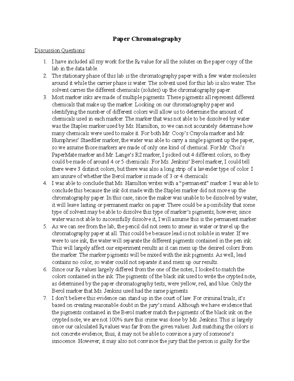 Paper Chromatography Lab Paper Chromatography Discussion Questions I