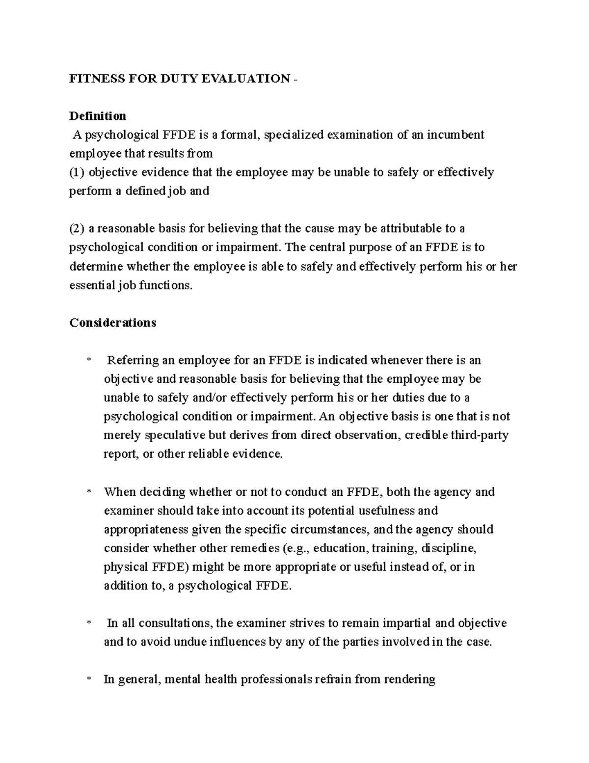 Fitness for duty evaluation notes FITNESS FOR DUTY EVALUATION