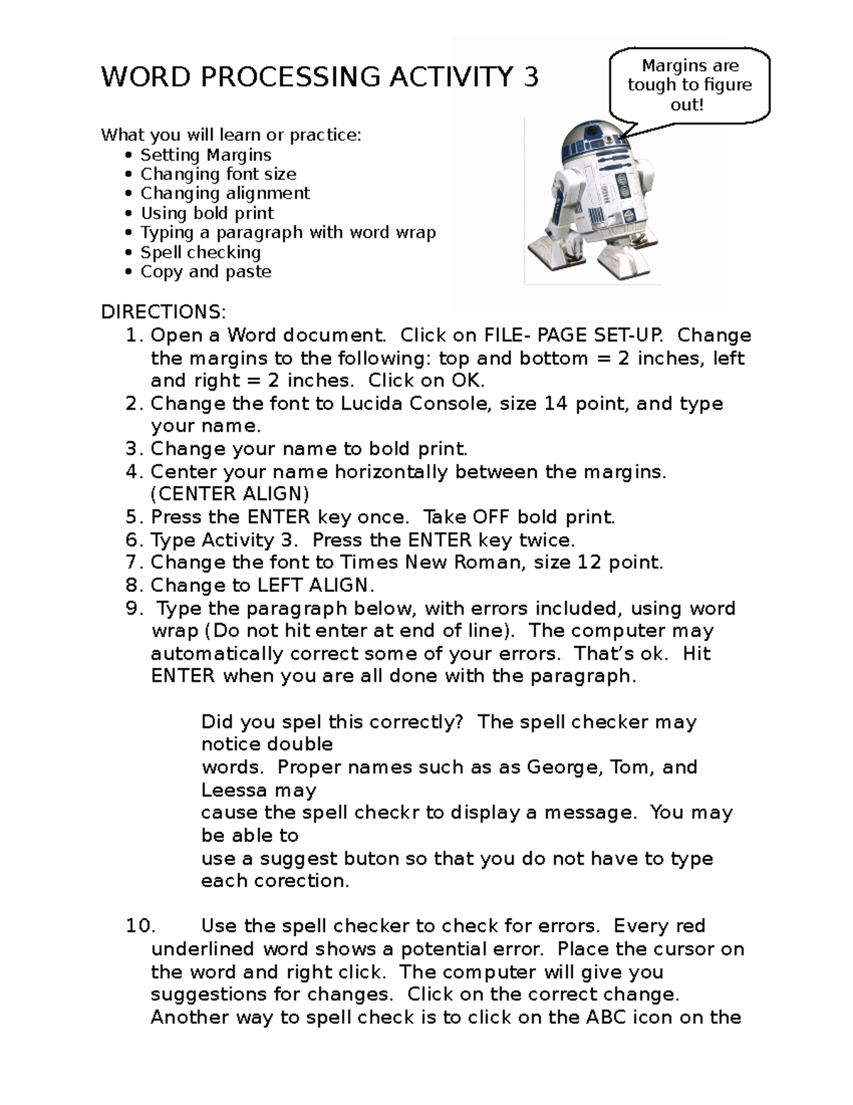 word processing assignments for middle school