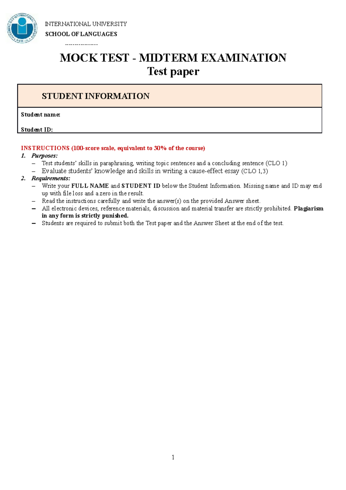 AE1 Writing Midterm Sample Test (since 2223) Test paper