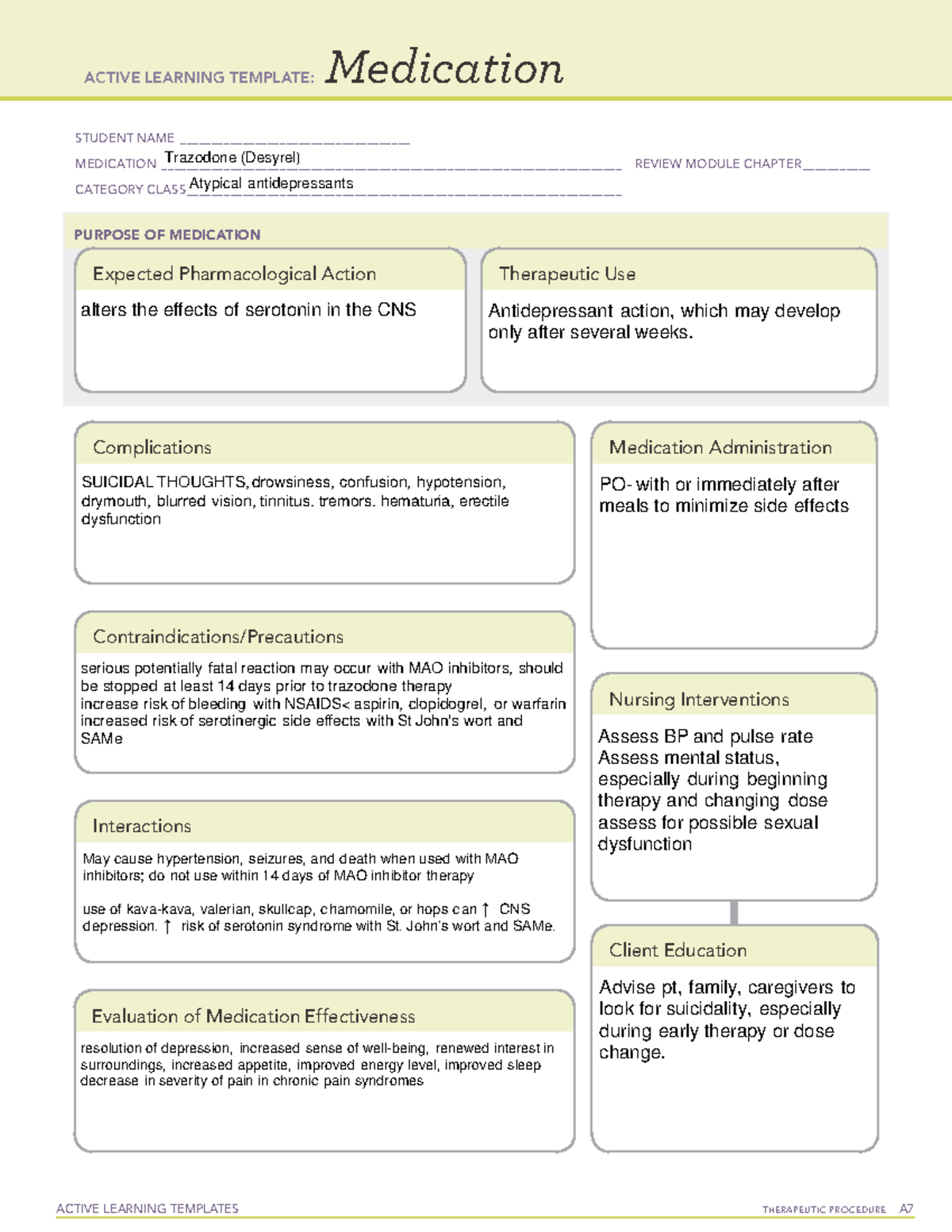 Trazodone (Desyrel) Medication ATI Template ACTIVE LEARNING TEMPLATES