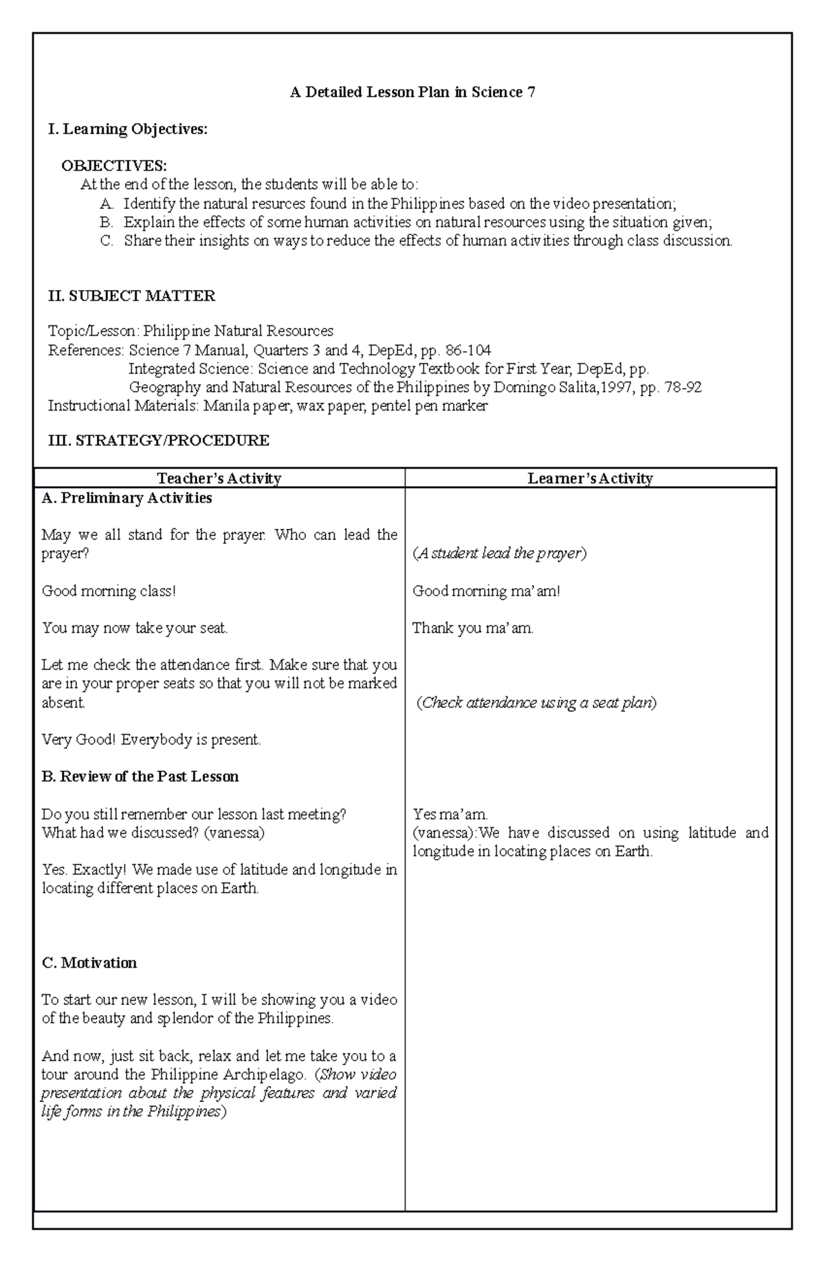 LP - A detailed lesson plan in Science. I. Learning Objectives ...