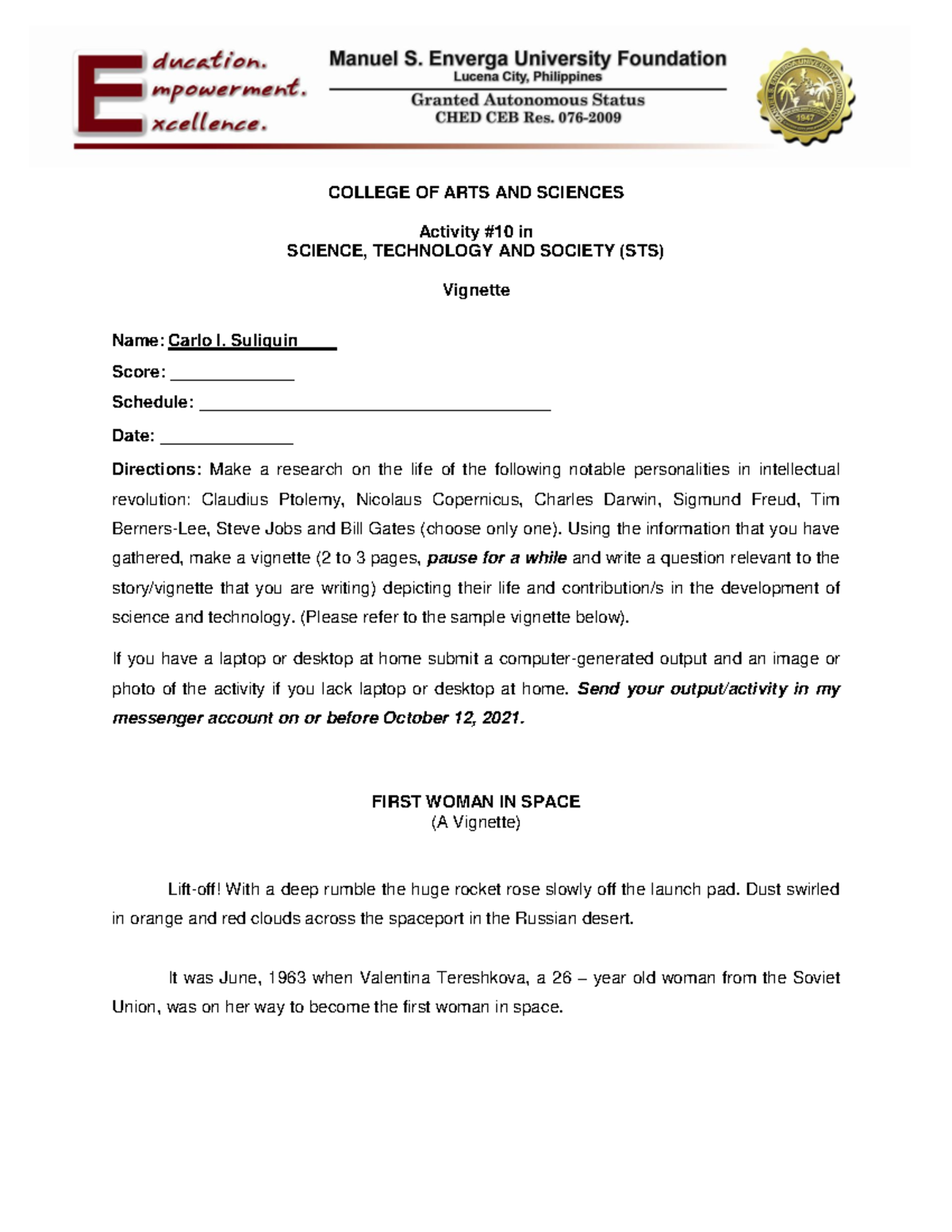 STS Activity10 COLLEGE OF ARTS AND SCIENCES Activity 10 in