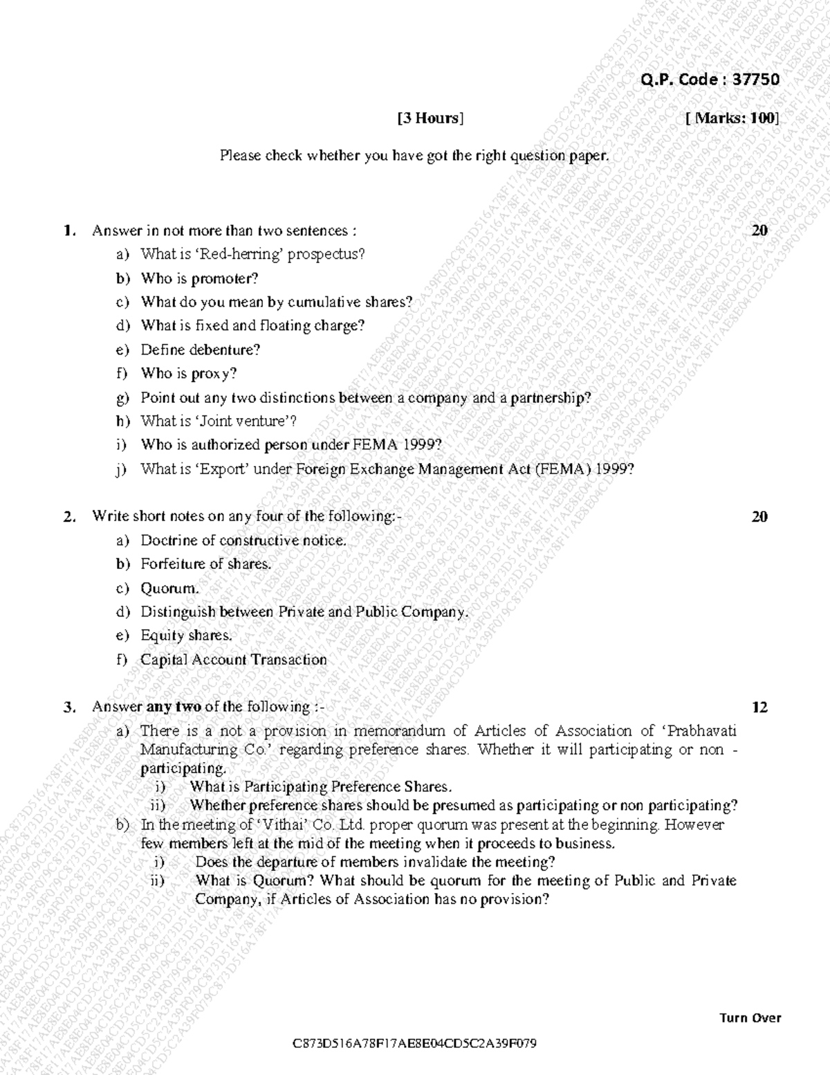 Company Law old qp - Q. Code : 37750 Turn Over [3 Hours] [ Marks: 100 ...