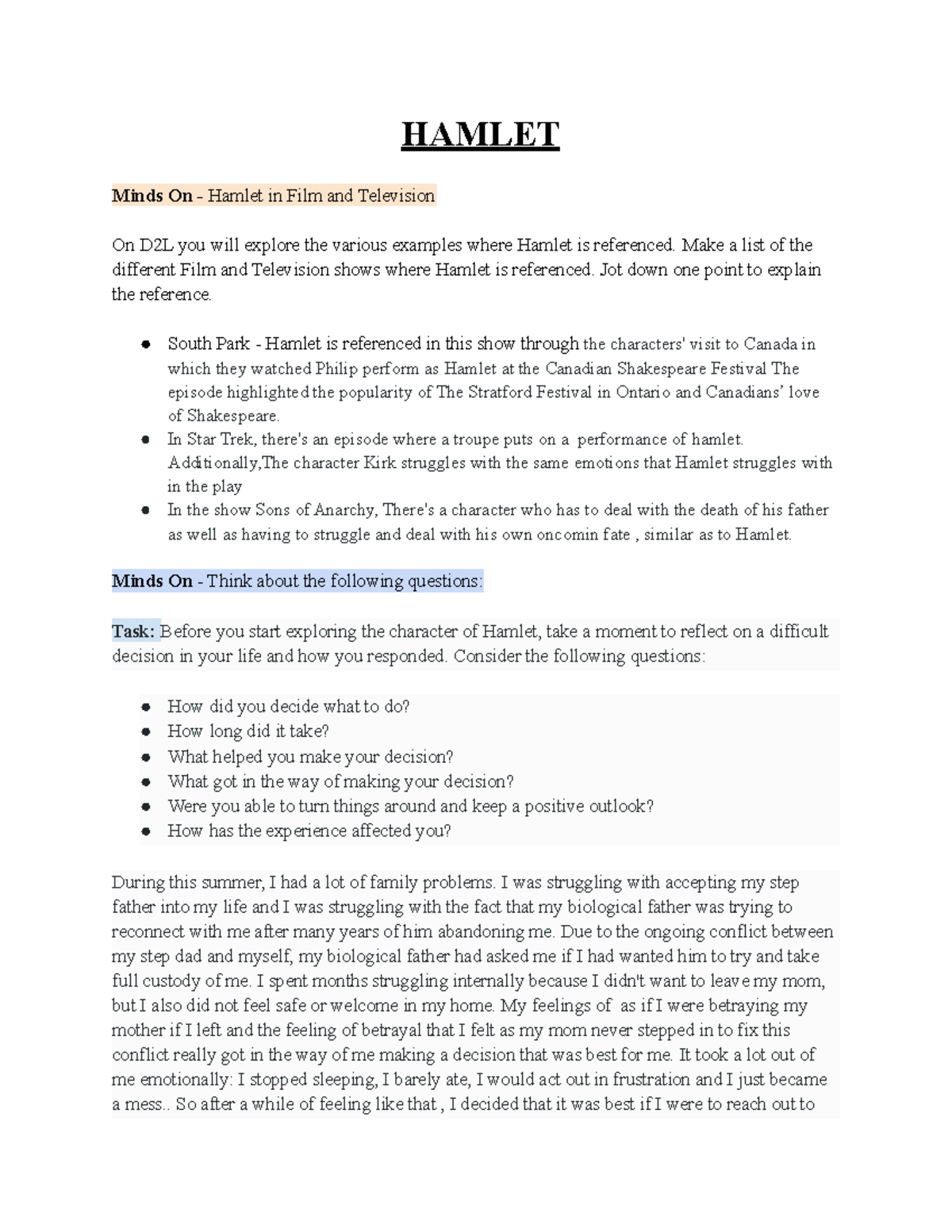 Hamlet reading material HAMLET Minds On Hamlet in Film and