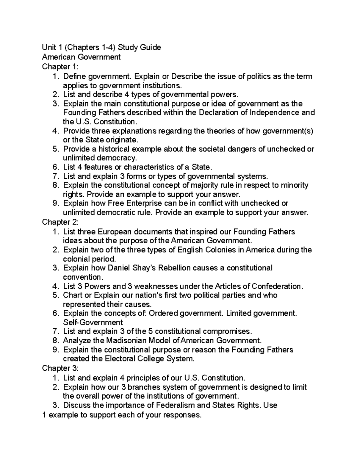 Government review Unit 1 (Chapters 14) Study Guide American Government Chapter 1 1. Define