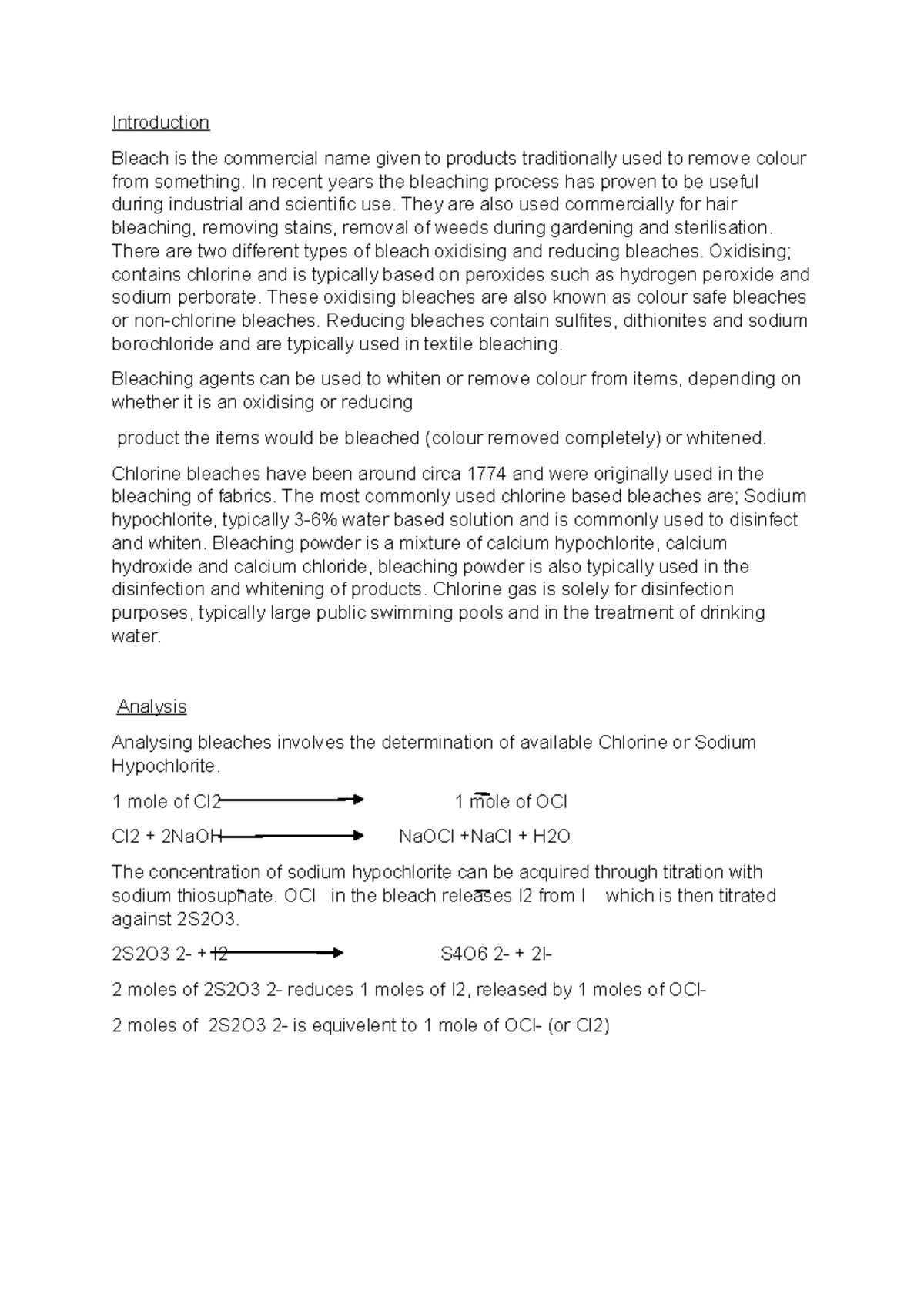 Bleach Report Chemistry Introduction Bleach is the commercial name