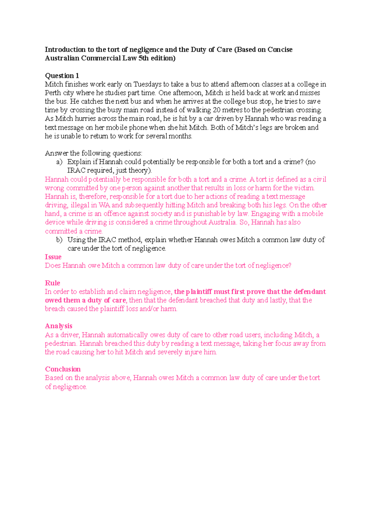 Introduction to the tort of negligence and the Duty of Care - Studocu