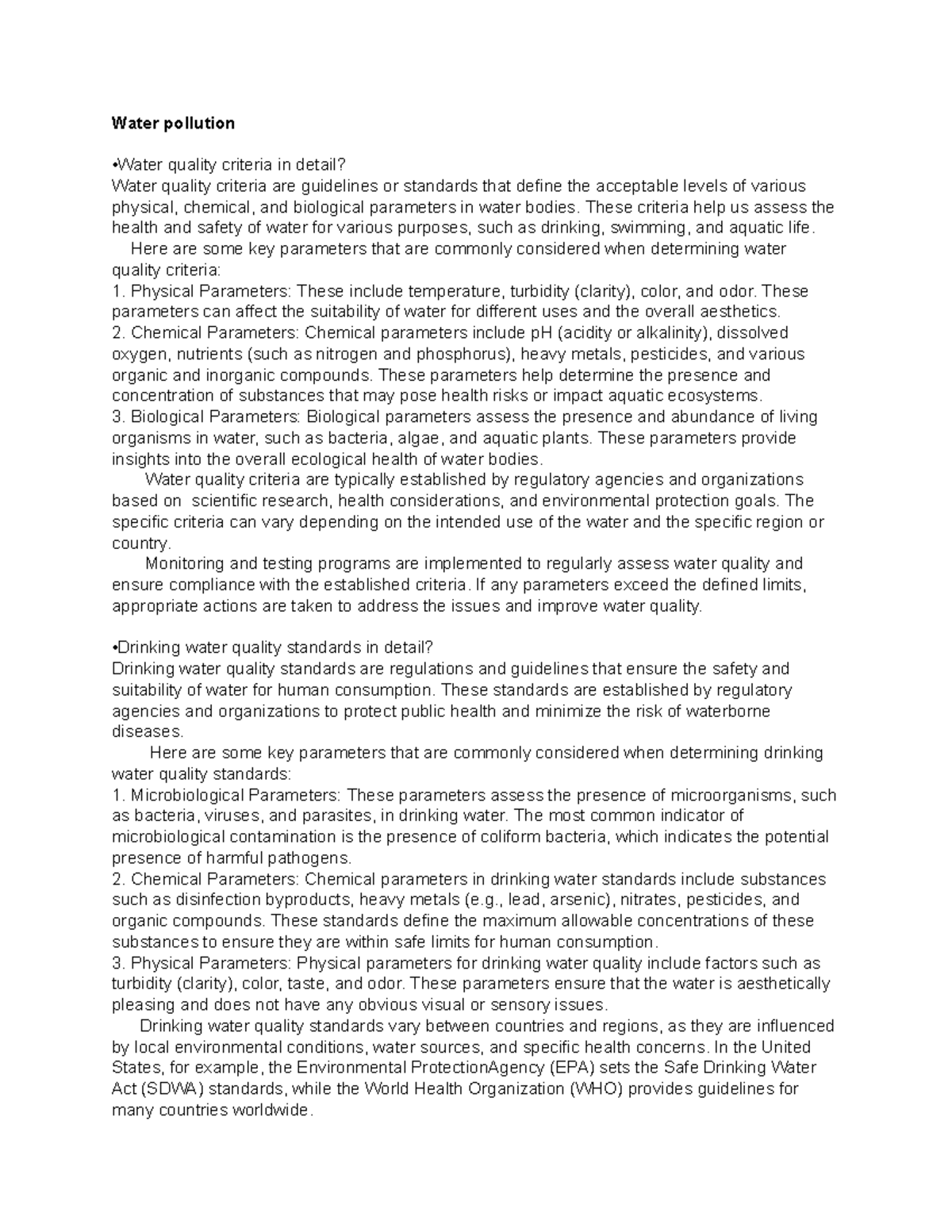 Water pollution - notes - Water pollution •Water quality criteria in ...