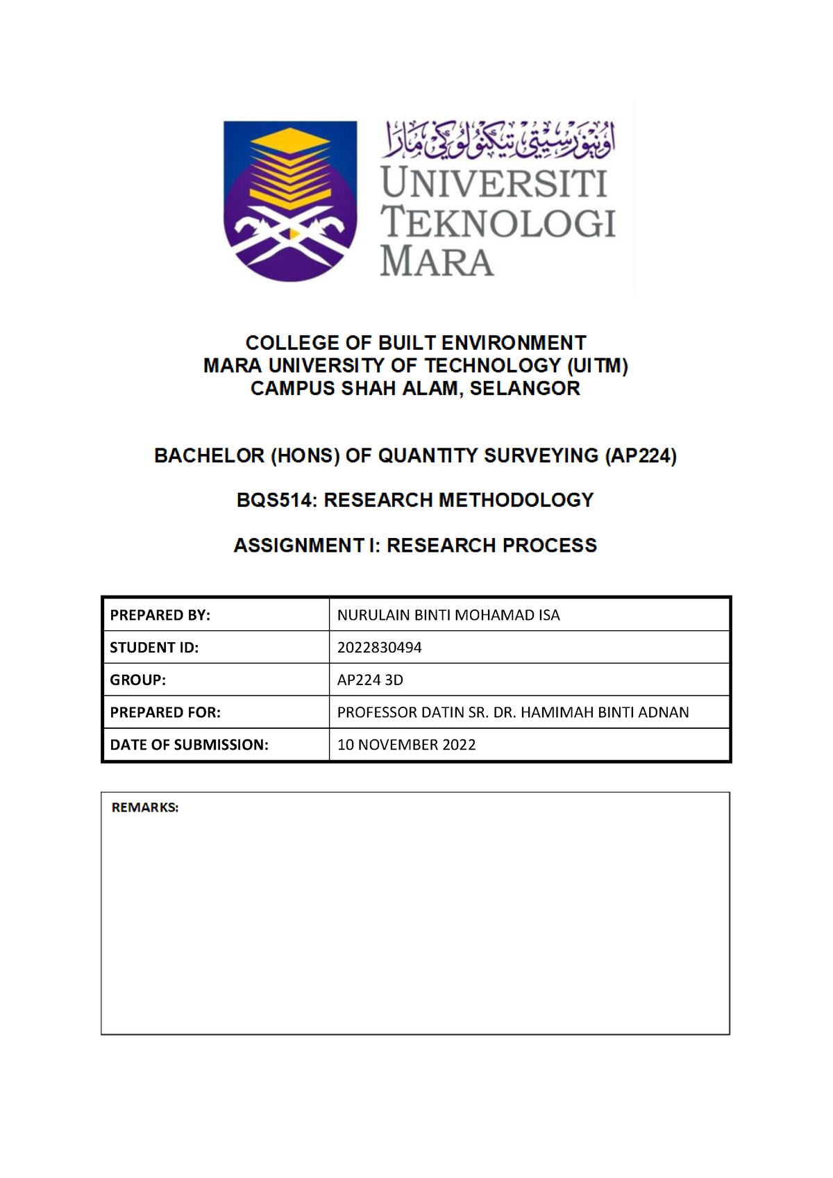 research methodology assignment uitm