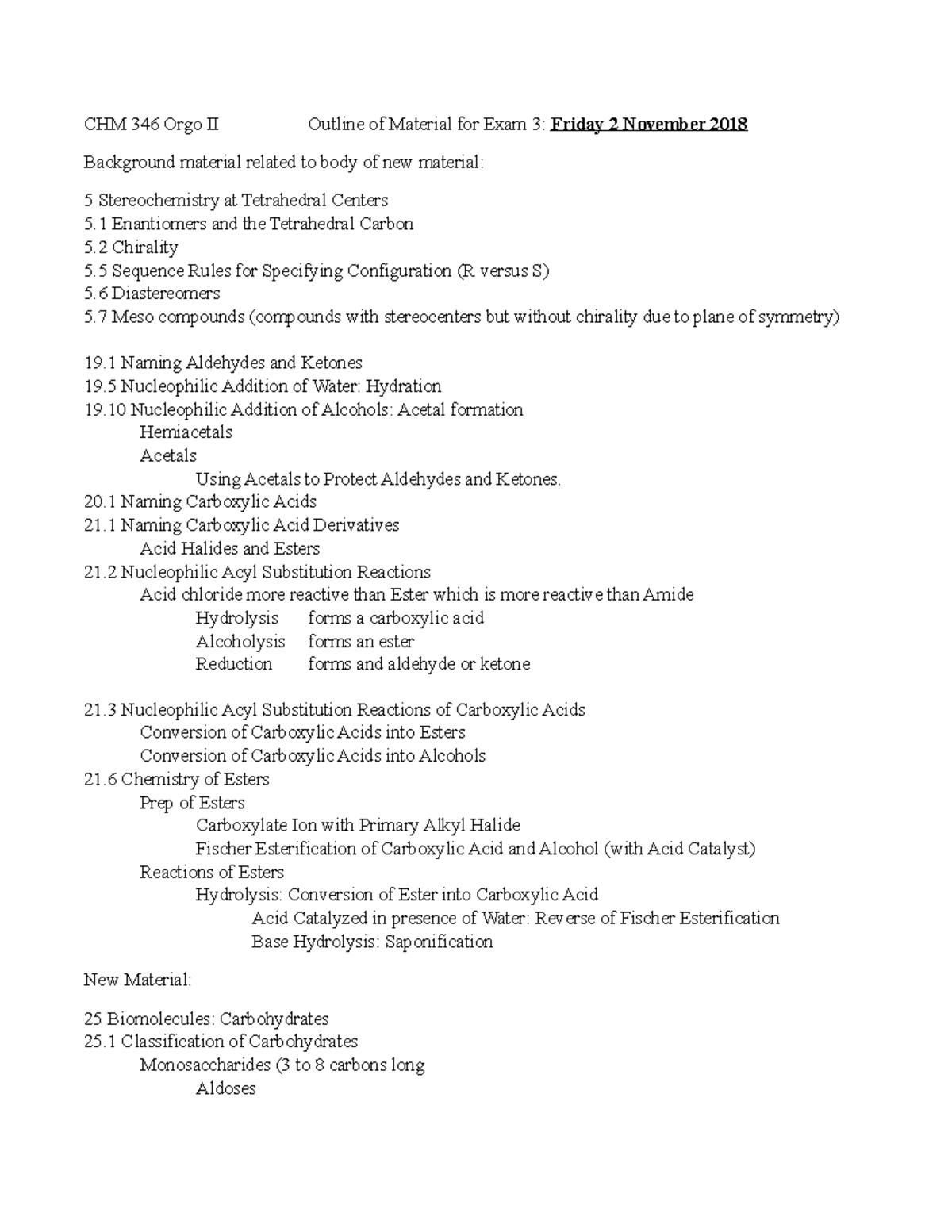 CHM 346 Outline of Material for Exam 3 - CHM 346 Orgo II Outline of ...
