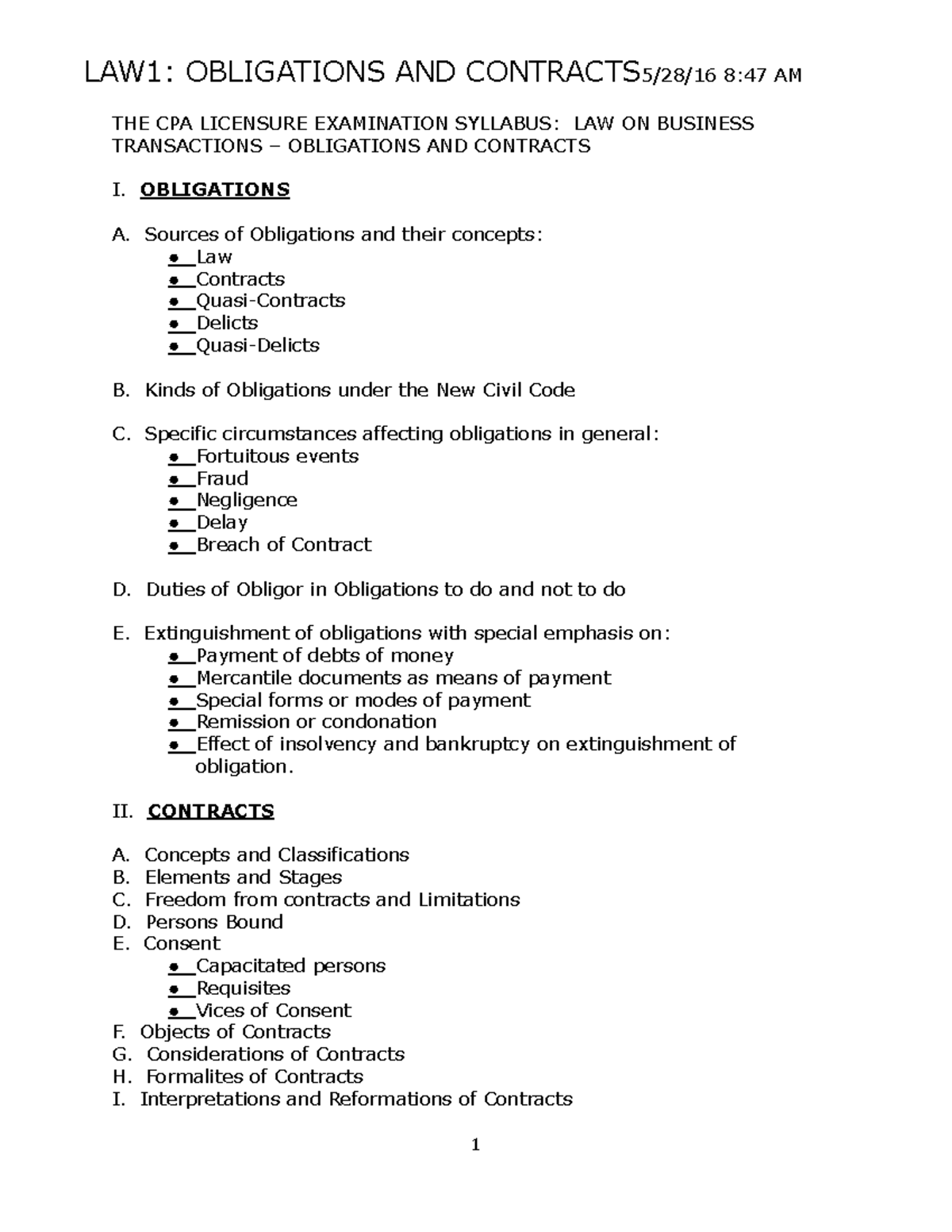 Notes On Obligations and Contracts LAW1 - LAW1: OBLIGATIONS AND ...