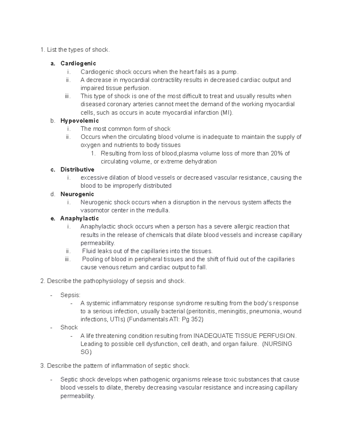 Clinical Assignment 2 23 - List the types of shock. a. Cardiogenic i ...