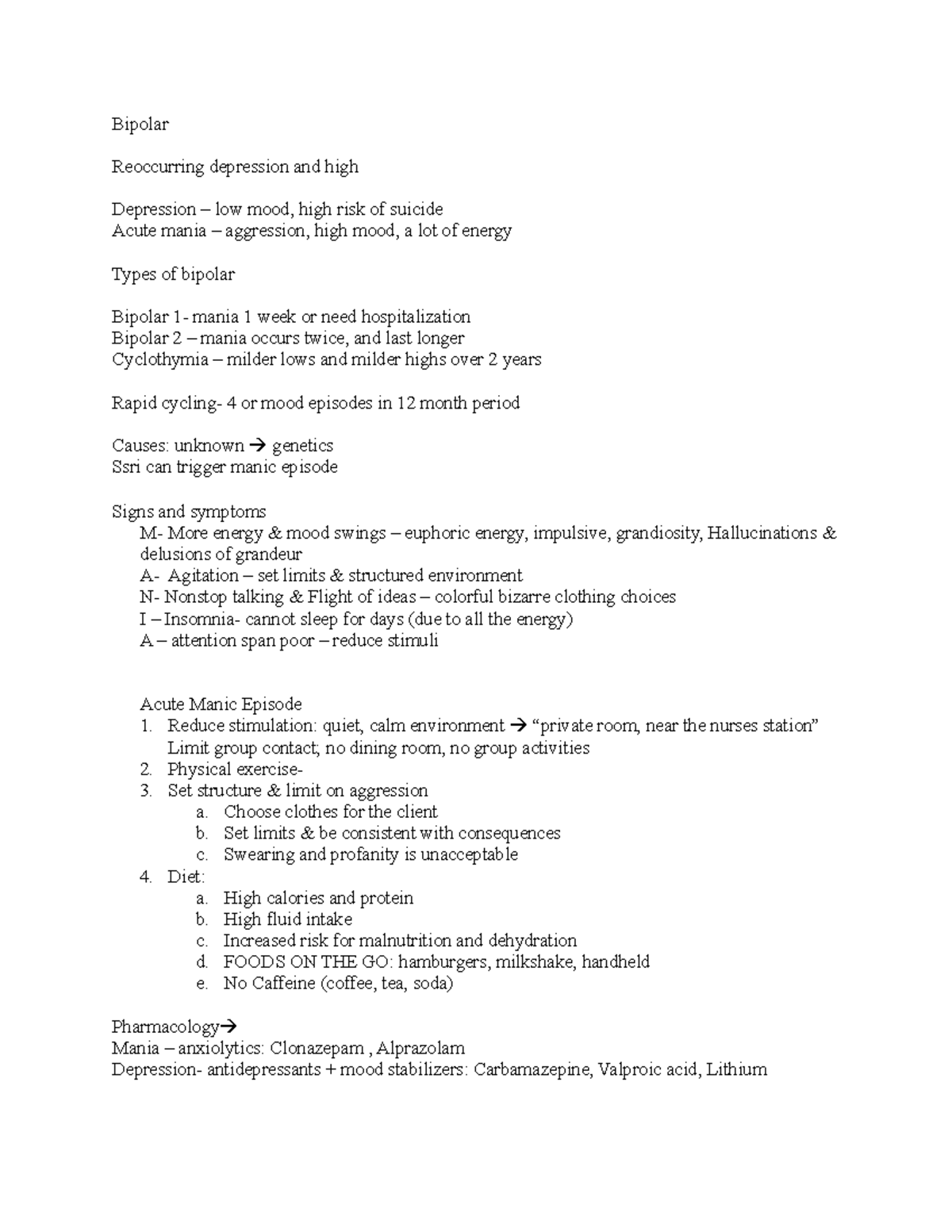 Midterm - mental health notes - Bipolar Reoccurring depression and high ...