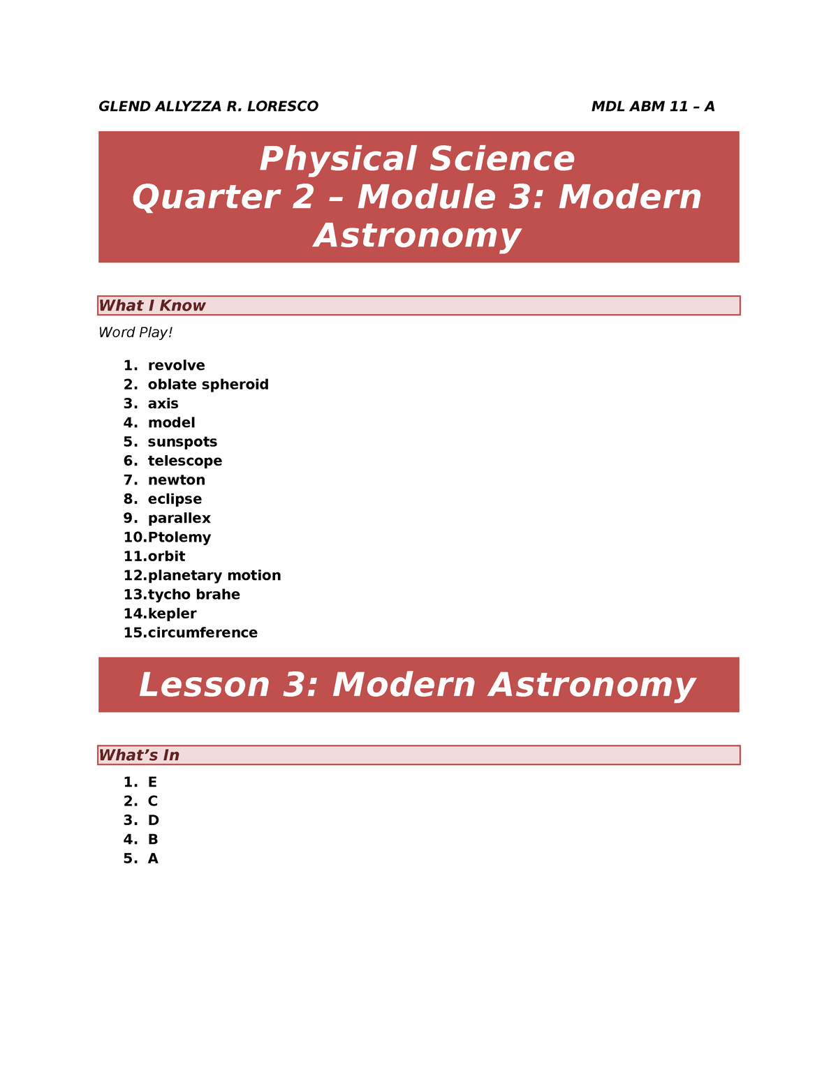 Glend Allyzza R. Loresco MDL ABM 11A Physical Science Quarter 4 MOD 1 ...