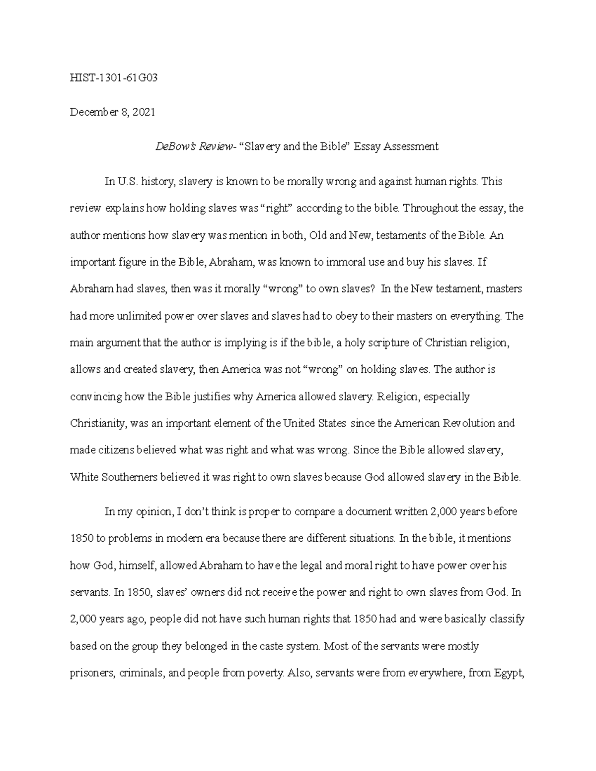 De Bow's Review Essay Assessment HIST130161G December 8, 2021 DeBow