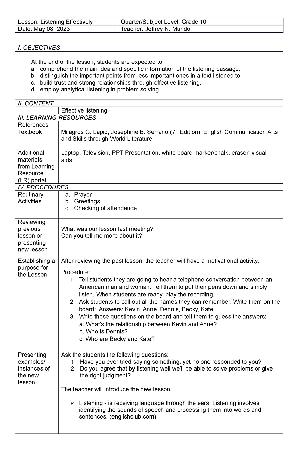 Listening Effectively - Mundo I. OBJECTIVES At the end of the lesson ...