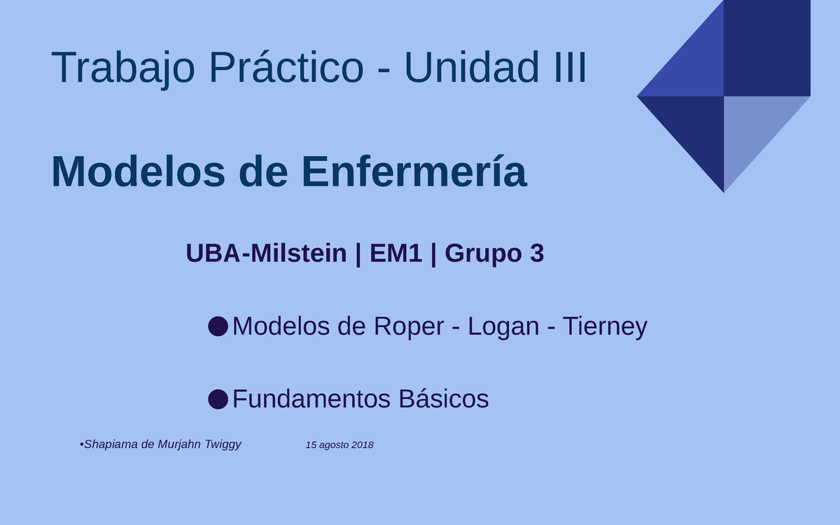 Nancy Roper - Trabajo Práctico - Unidad III Modelos de Enfermería •Shapiama  de Murjahn Twiggy 15 - Studocu