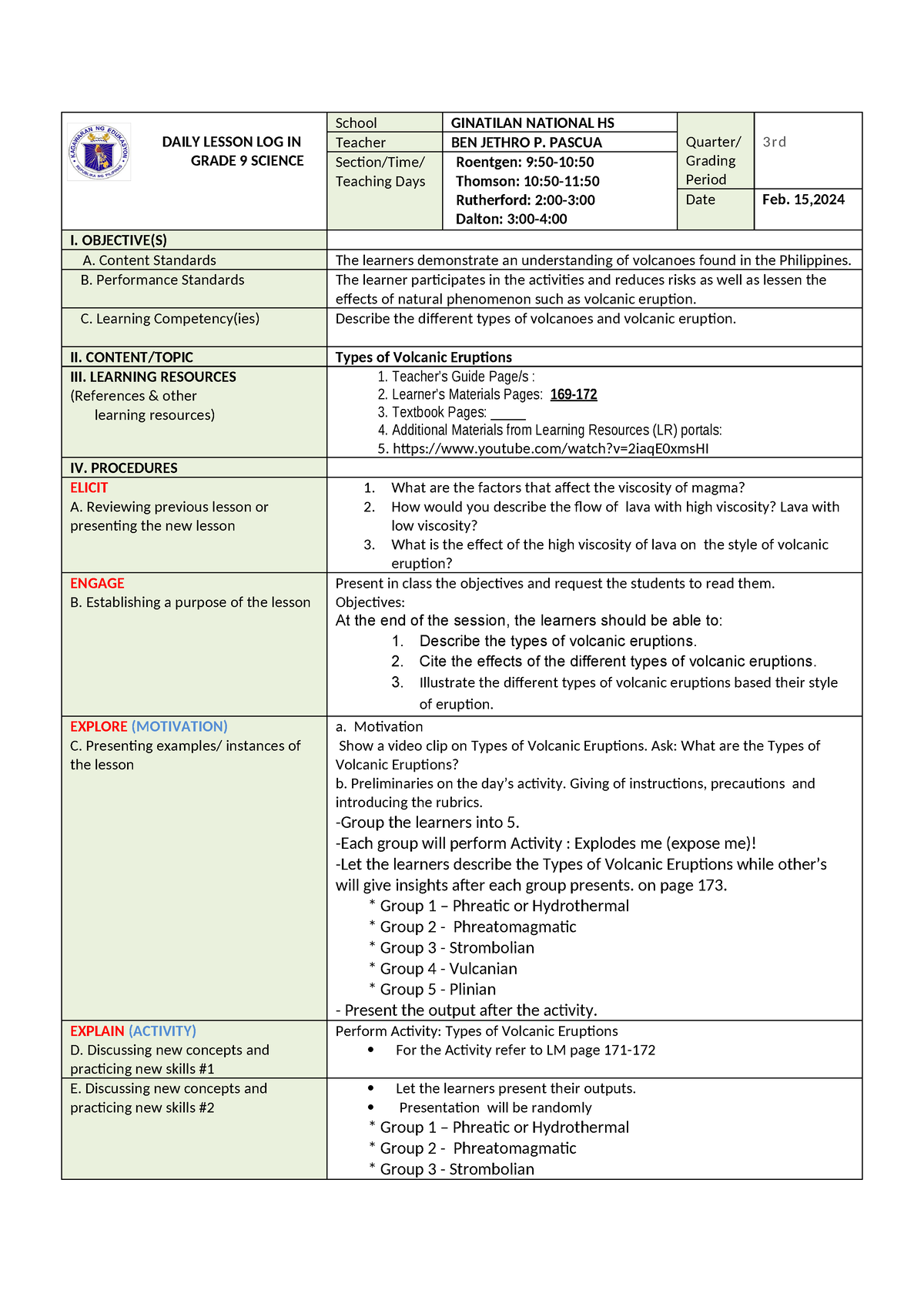 DLL- Sci 9 Types of Volcanic Eruptions - DAILY LESSON LOG IN GRADE 9 ...