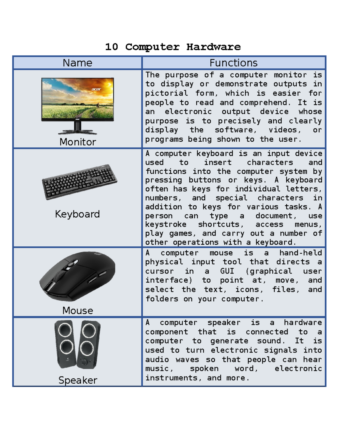 output devices of computer and their functions