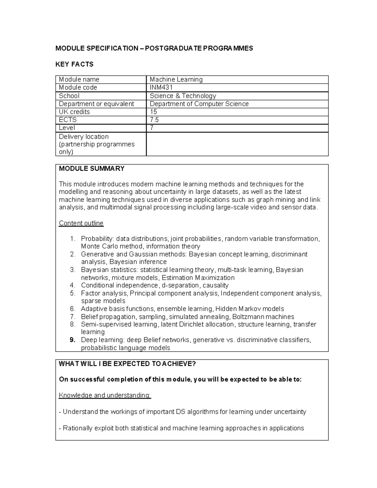 INM431 - Machine Learning - MODULE SUMMARY This module introduces ...