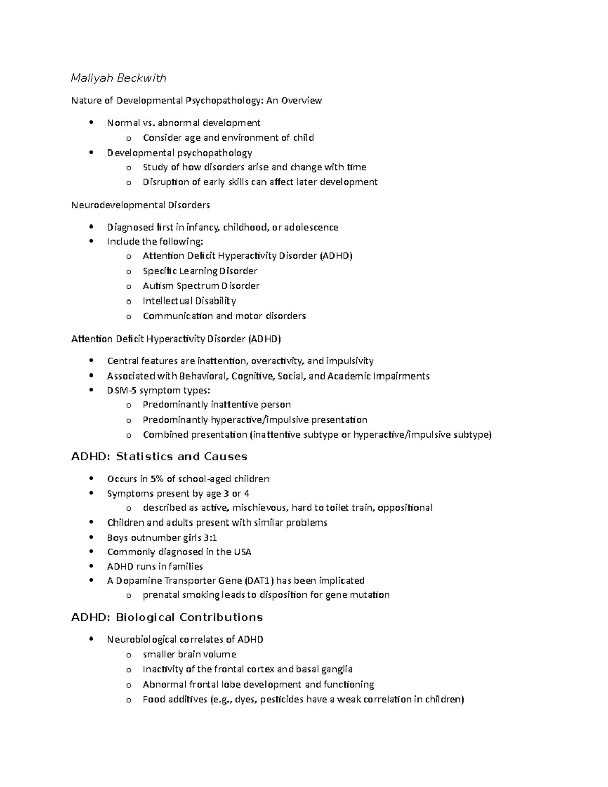 Chapter 13 - Developmental Disorders - Maliyah Beckwith Nature of ...