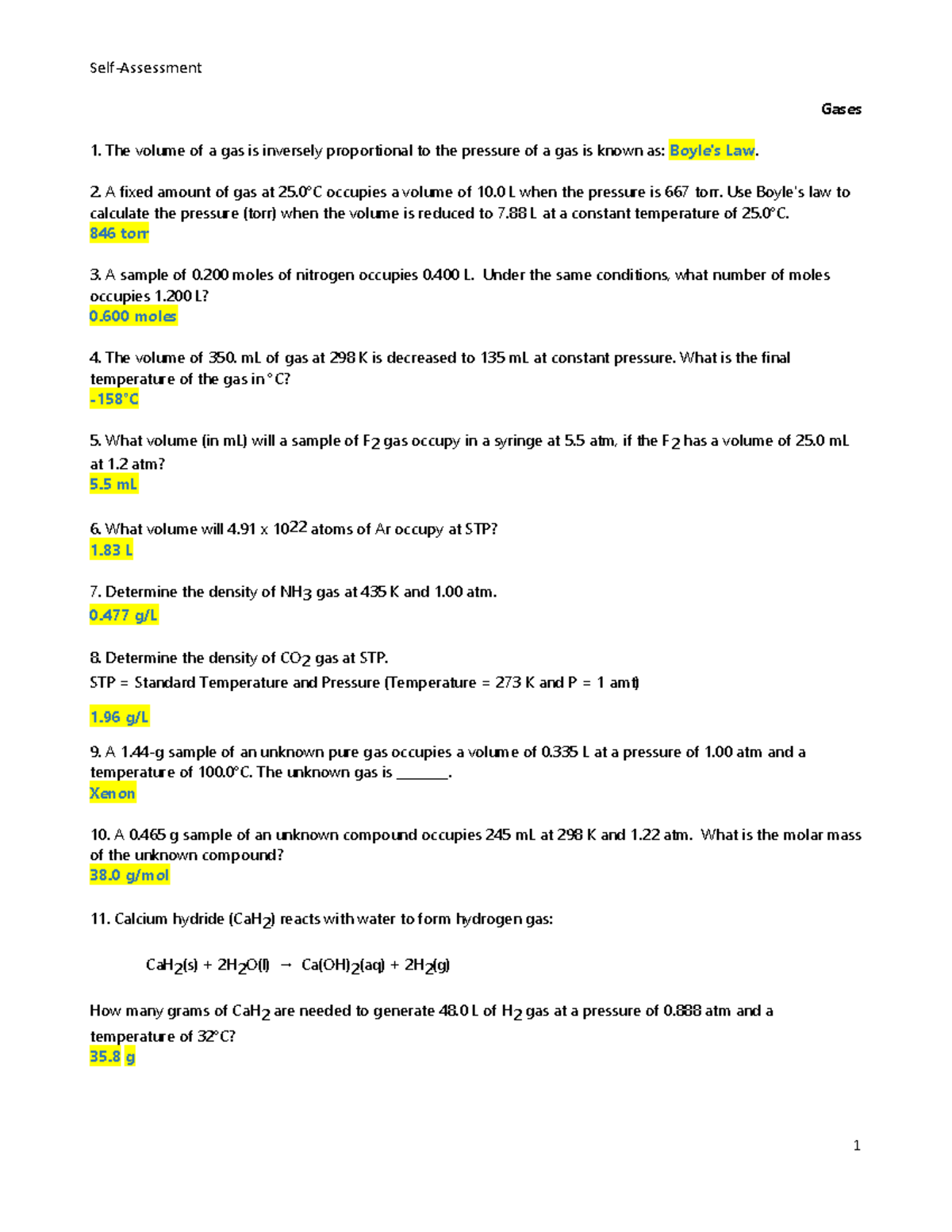 Self-Assessment Gases KEY - Self-Assessment 1 Gases The volume of a gas ...