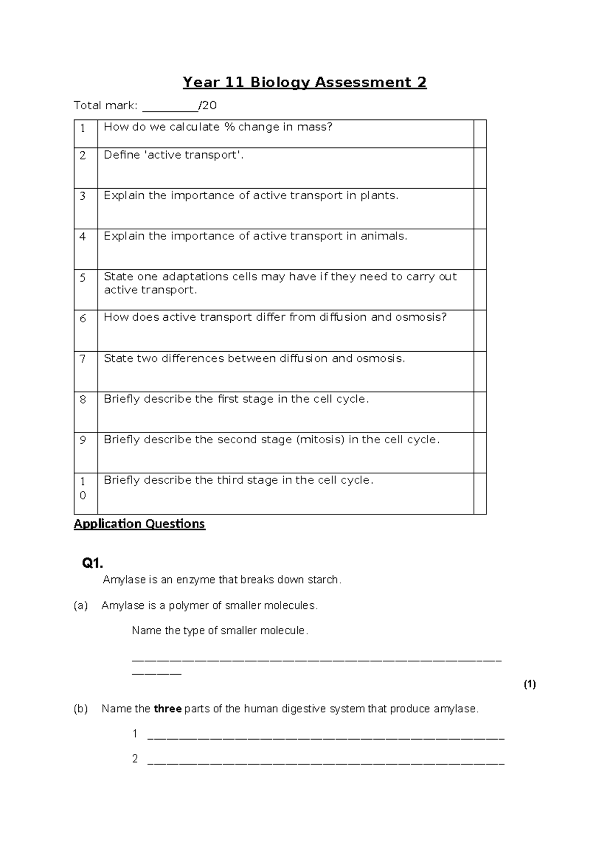 Year 11 Biology Assessment 2 and Mark Scheme Year 11 Biology