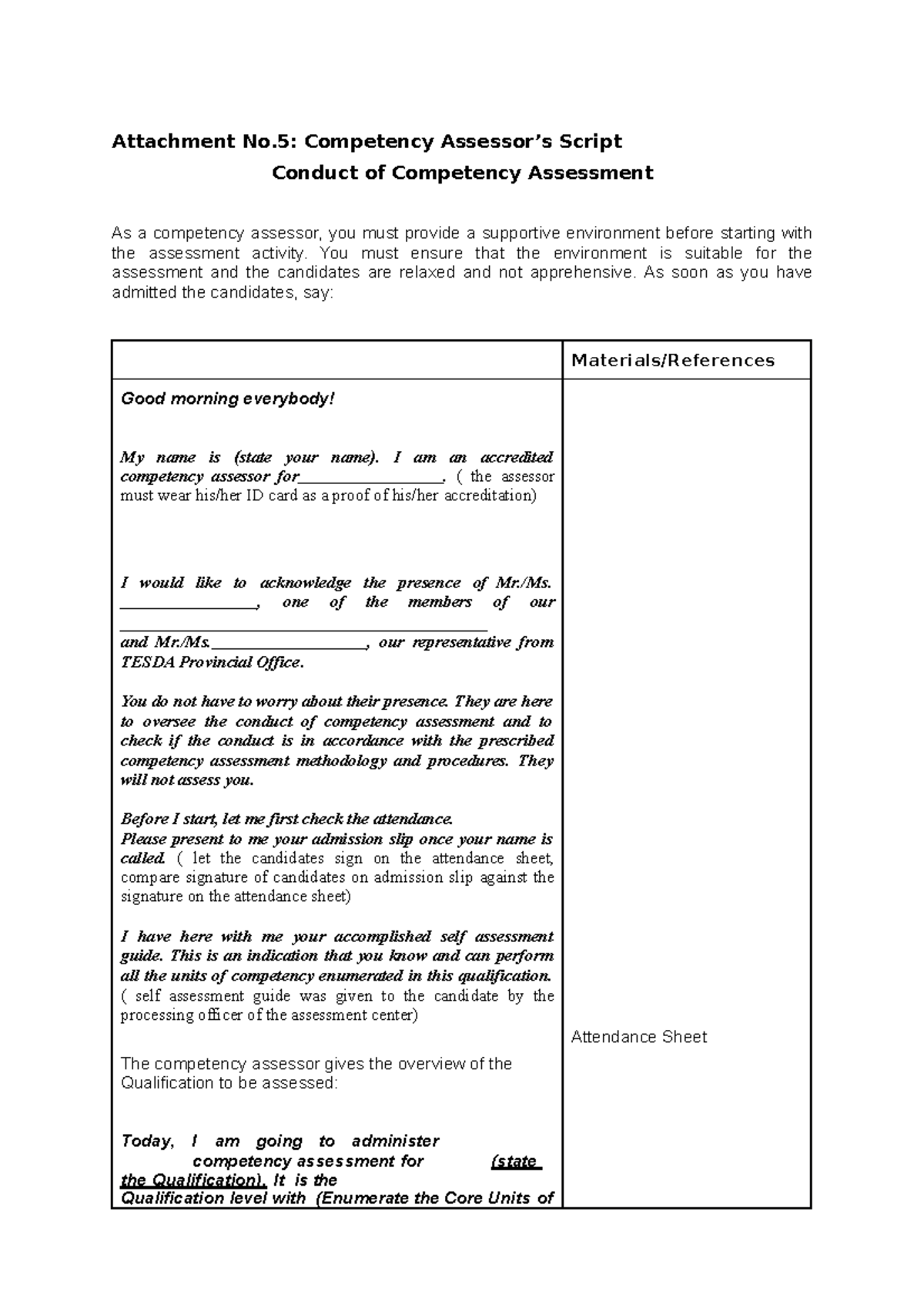 Competency-Assessors-Script - Attachment No: Competency Assessor’s ...