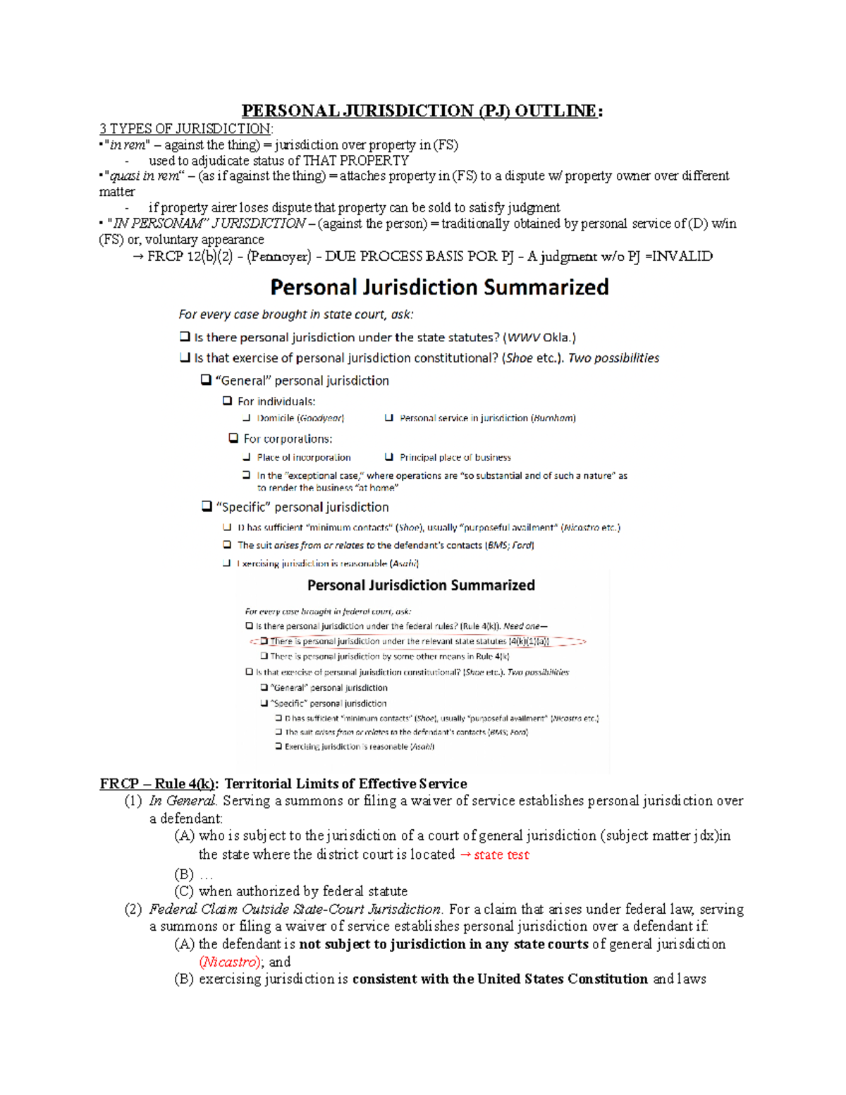 Personal Jurisdiction Outline - PERSONAL JURISDICTION (PJ) OUTLINE: 3 ...