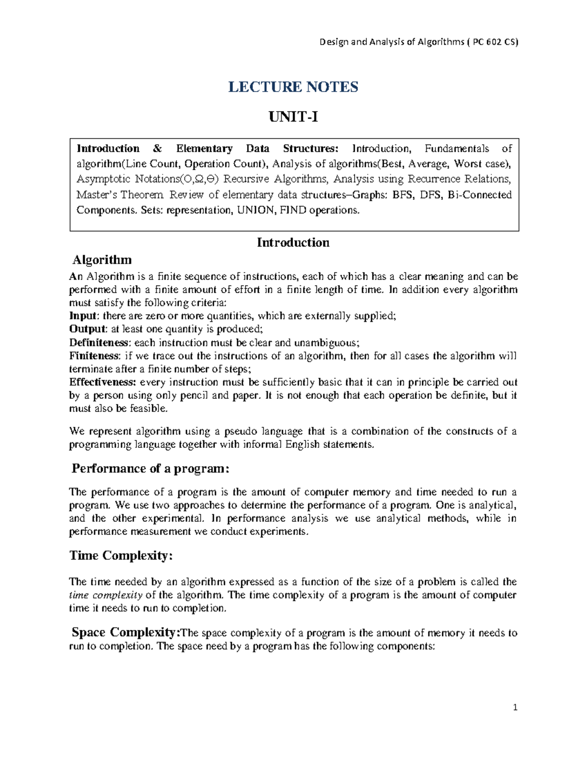 UNIT I - wdvceq - LECTURE NOTES UNIT-I Introduction Algorithm An ...