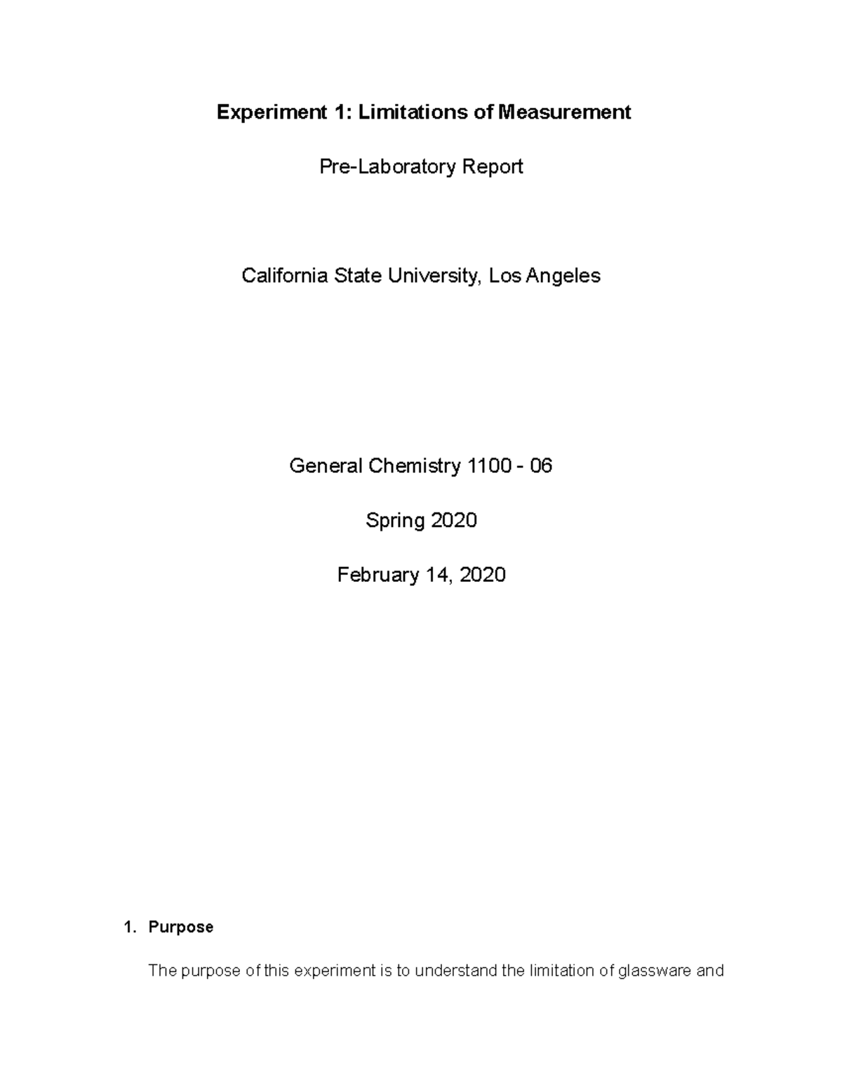 Experiment 1 Limitations of Measurement Pre lab report Experiment 1
