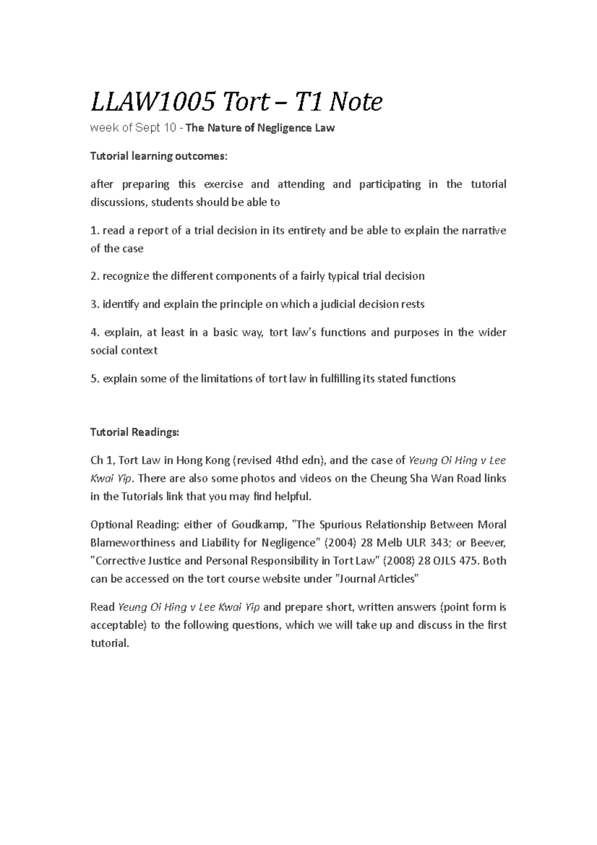 Tutorial 1 - T1 NOTE - LLAW1005 Tort – T1 Note week of Sept 10 - The ...