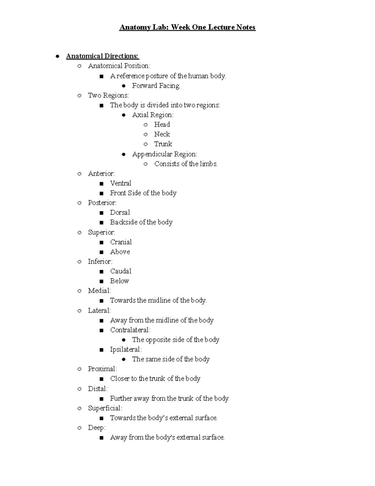 Anatomy Lab #1 Notes - Anatomy Lab: Week One Lecture Notes Anatomical ...