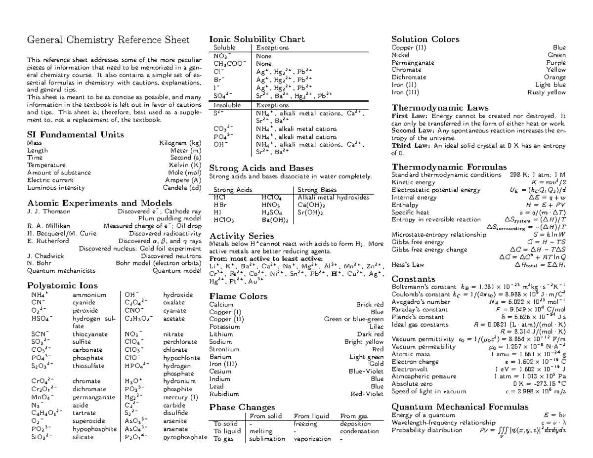 General chemistry cheatsheet p1 - General Chemistry Reference Sheet ...