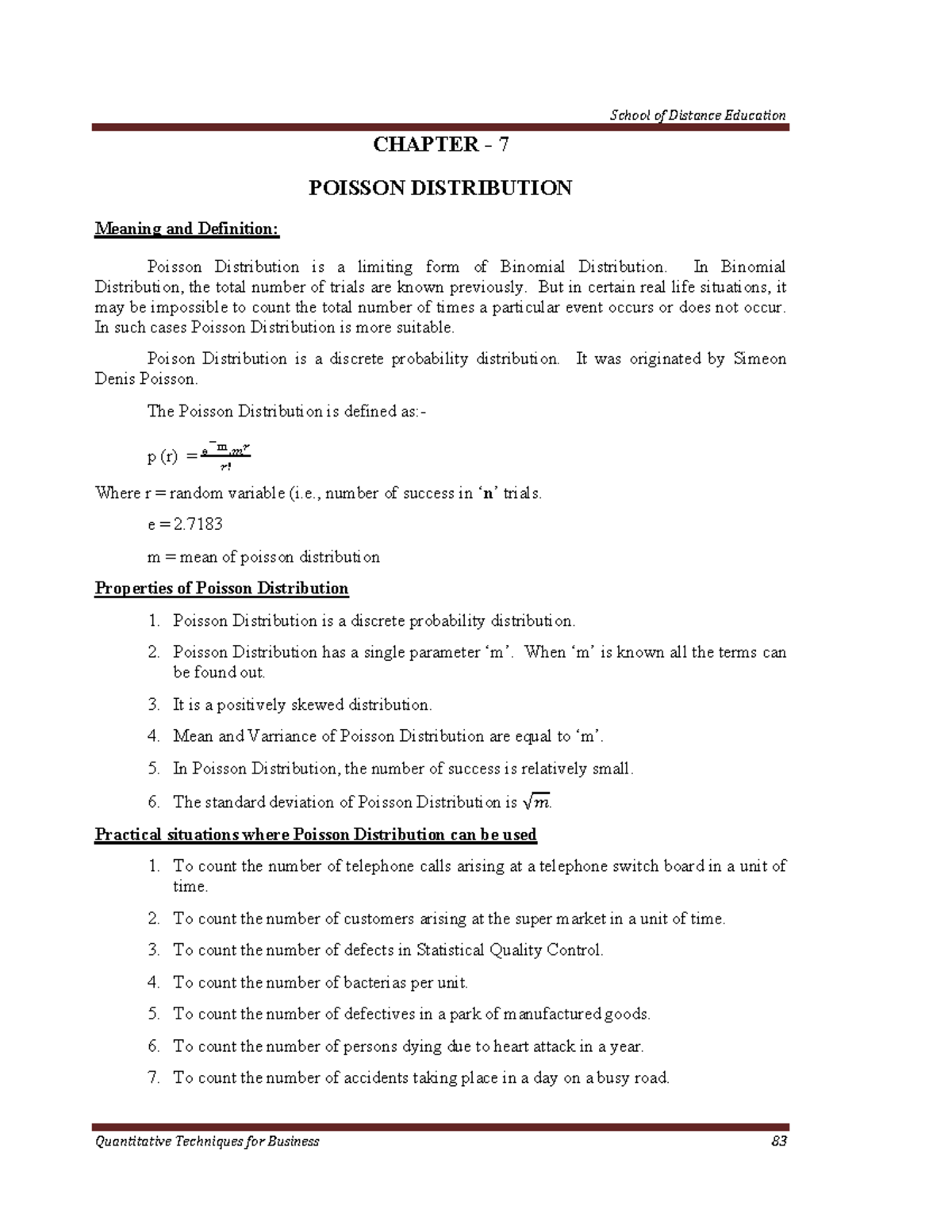 Quantitative Techniques for Business Chapter 7. Poisson Distribution ...