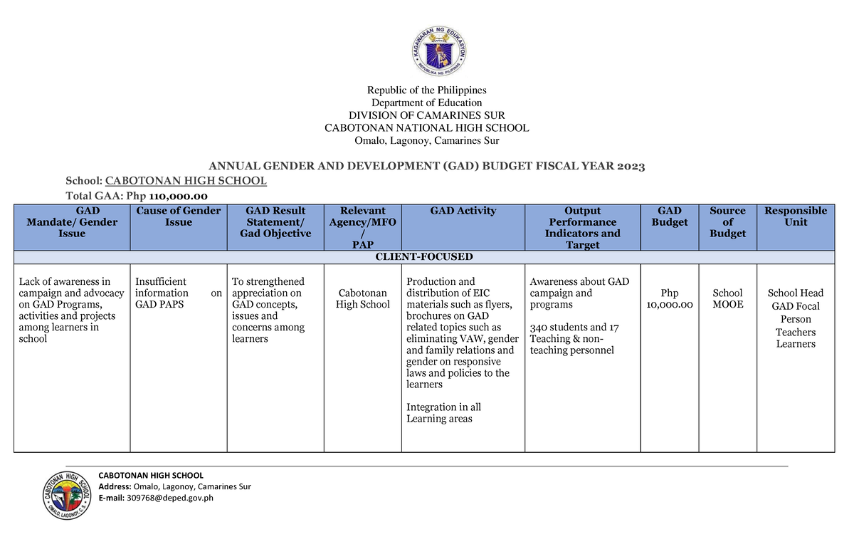 Sample Gad Plan And Budget 2024 - Dinah Flossie