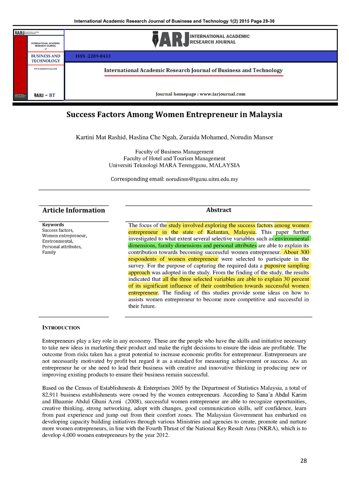 Success Factors Among Women Entrepreneur In Malaysia Uitm Edu My Article Information Abstract Studocu