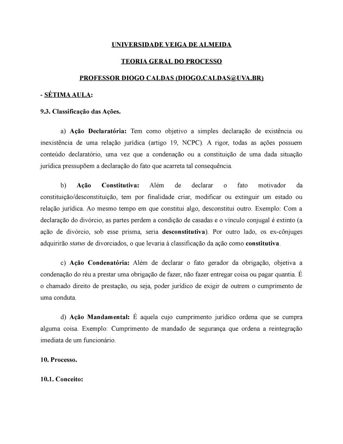 Resumo Tgp Aula 7 Universidade Veiga De Almeida Teoria Geral Do Processo Professor Diogo 6716