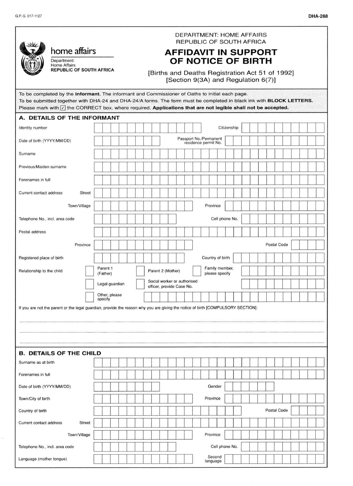 DHA 288 Birth Affidavit OHA Home Affairs DEPARTMENT HOME 