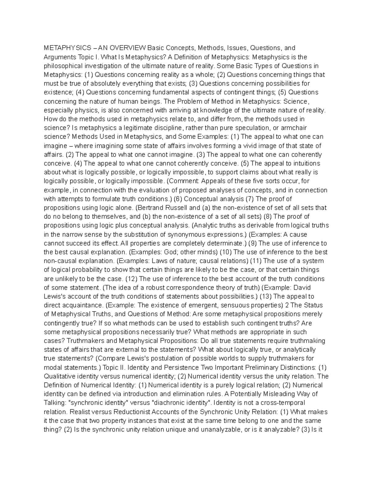 Metaphysics Notes 1 METAPHYSICS AN OVERVIEW Basic Concepts, Methods
