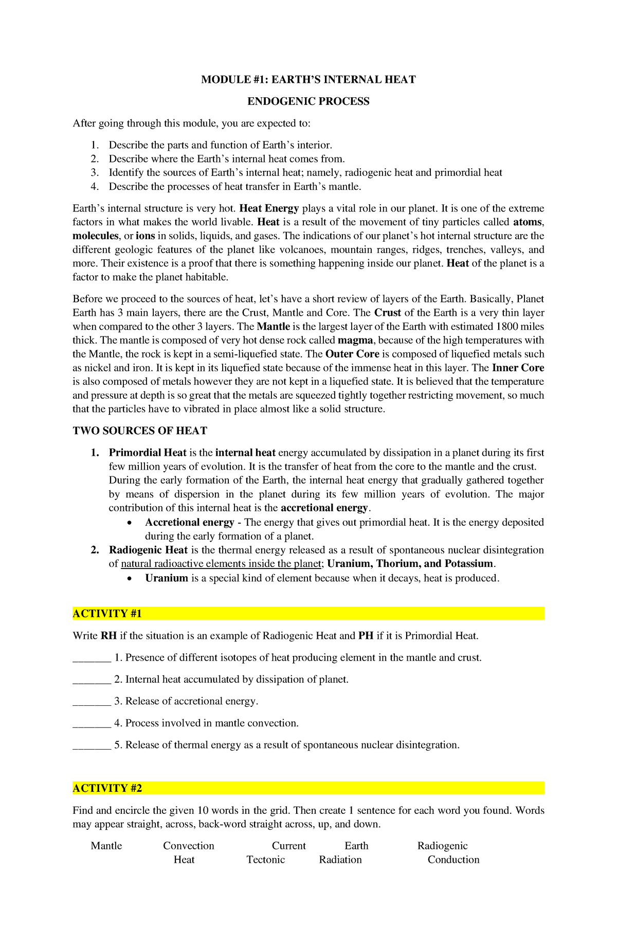 Earth AND LIFE Module 1 - MODULE #1: EARTH’S INTERNAL HEAT ENDOGENIC ...