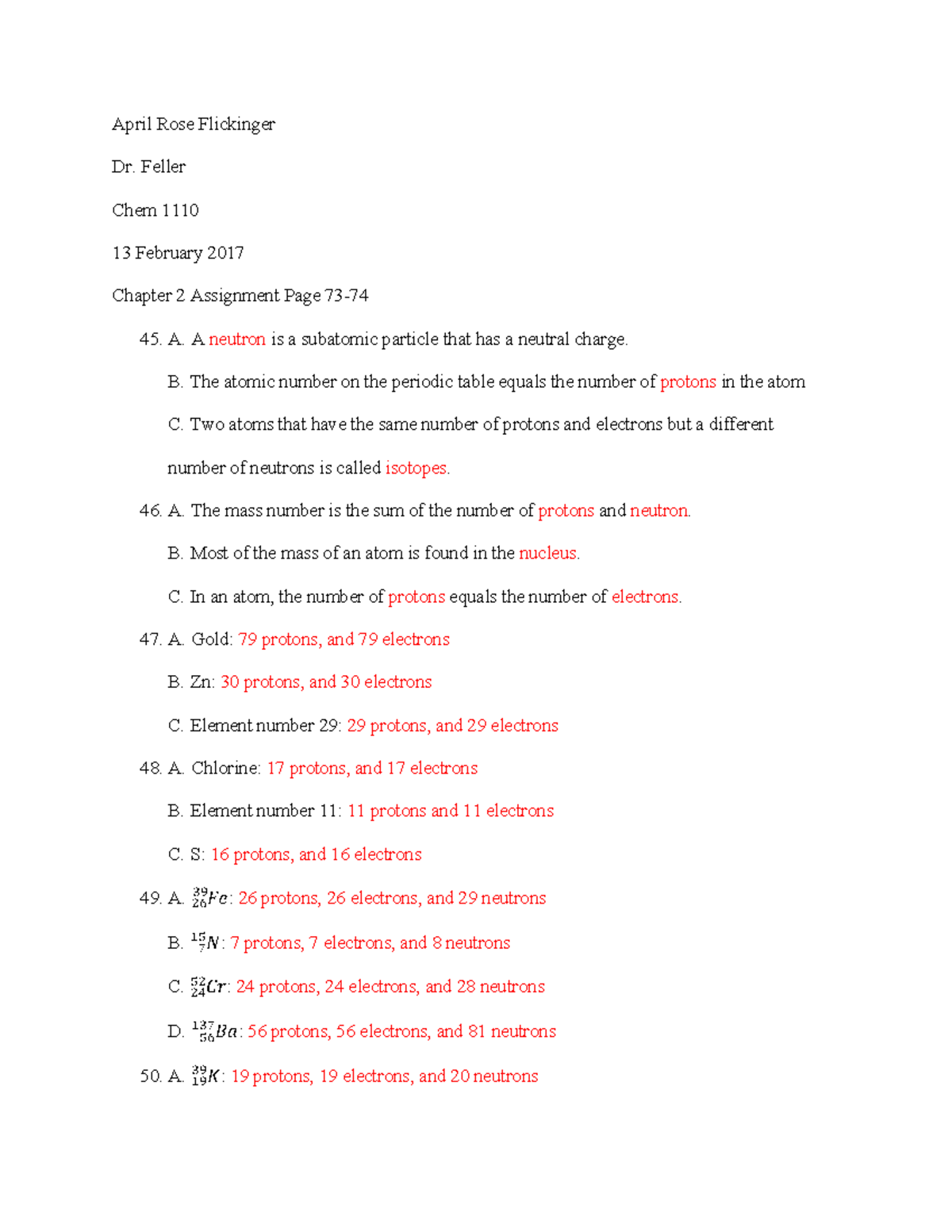 Chapter 2 Assignment - April Rose Flickinger Dr. Feller Chem 1110 13 ...