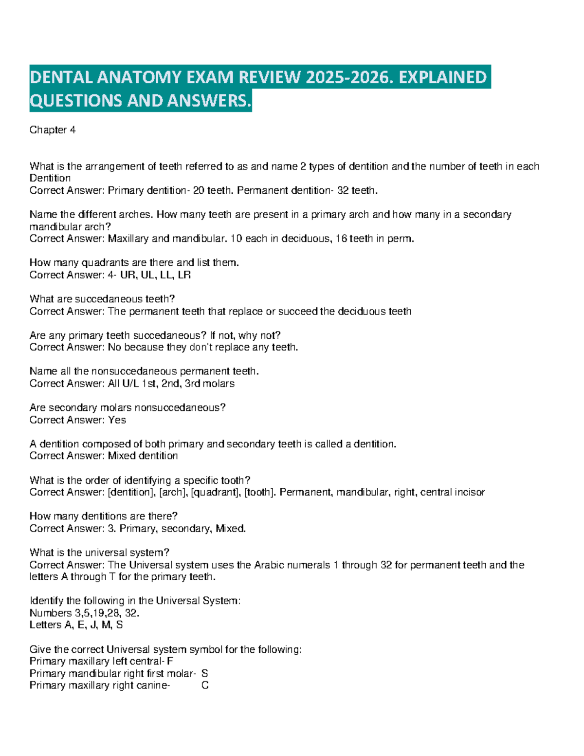 Dental Anatomy EXAM Review 2025-2026. Explained Questions AND Answers ...