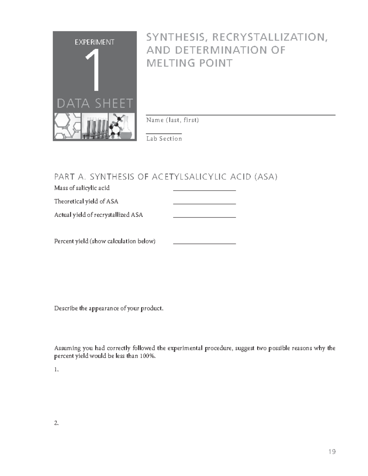 Lab 1 organic chemistry - ####### 19 EXPERIMENT 1 DATA SHEET Name (last ...
