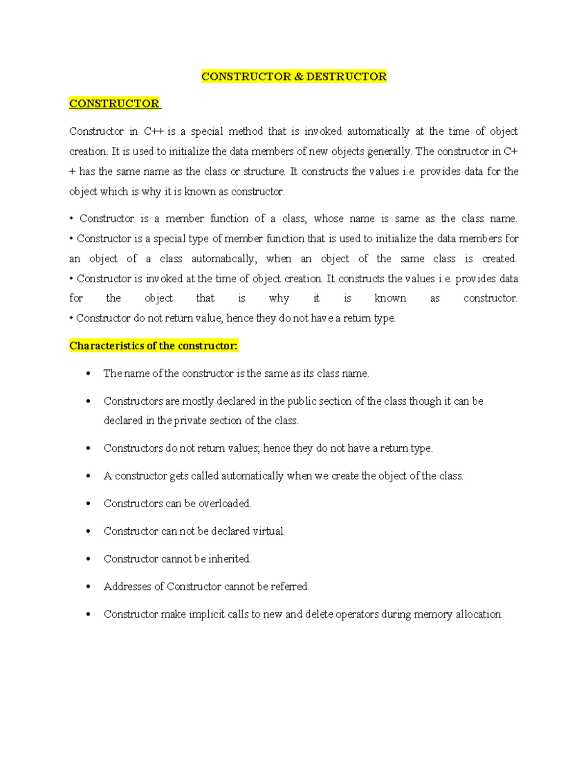 Constructor & Destructor - CONSTRUCTOR & DESTRUCTOR CONSTRUCTOR ...