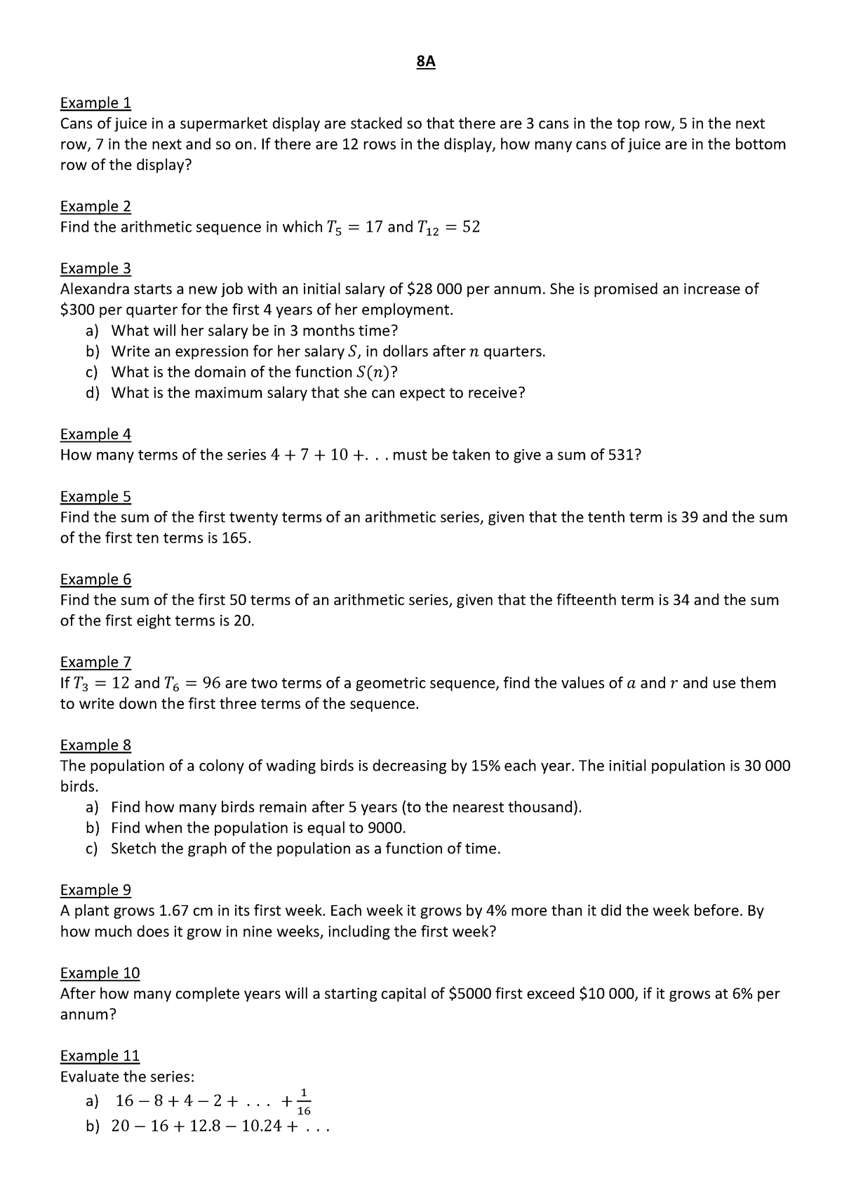 2U - Series and Finance Question Worksheet - 8A Example 1 Cans of juice ...