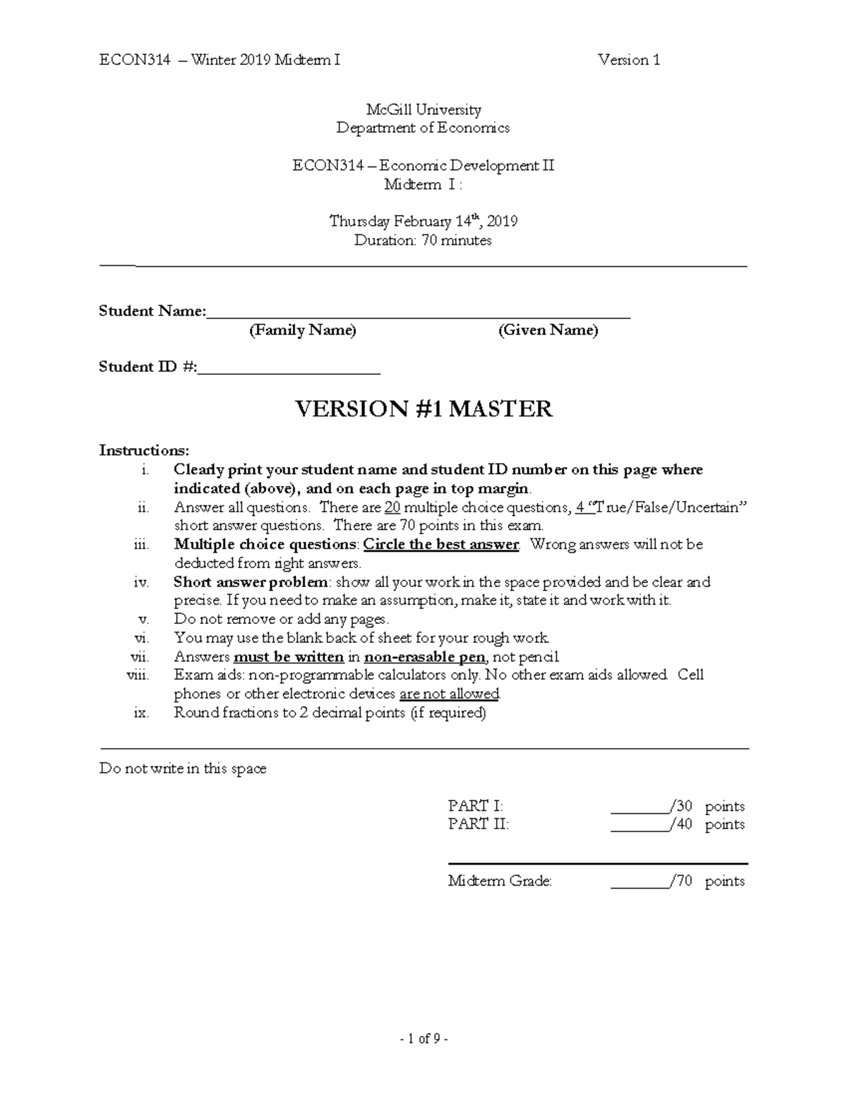Midterm 1 2019, questions and answers - ECON314 – Winter 2019 Midterm I ...