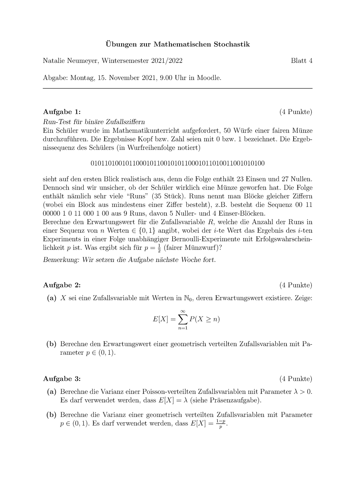 Blatt 4 - Aufgaben Aus Dem WiSe 2021/22 - Ubungen Zur Mathematischen ...